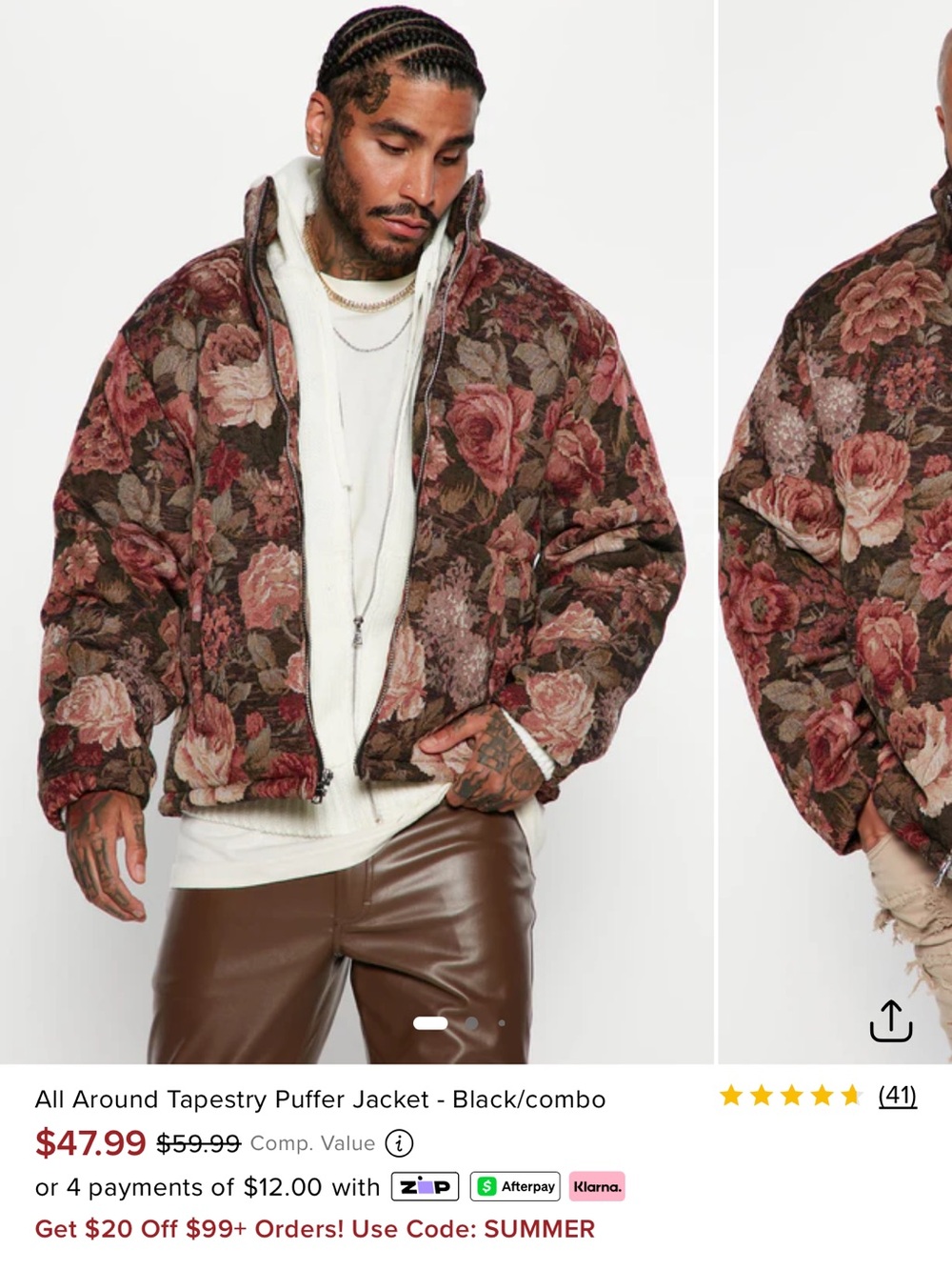 Fashion Nova All Around Tapestry Puffer Jacket - Black/Maroon Floral